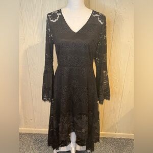 Morena Spain Black Lace High Low Dress with Wide Bell Sleeves, Size L